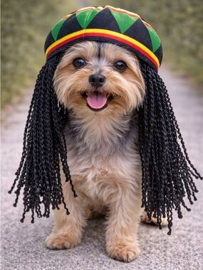 Rasta-Style Dog Hat with Braided Fringe - Black/Green/Red/Yellow
